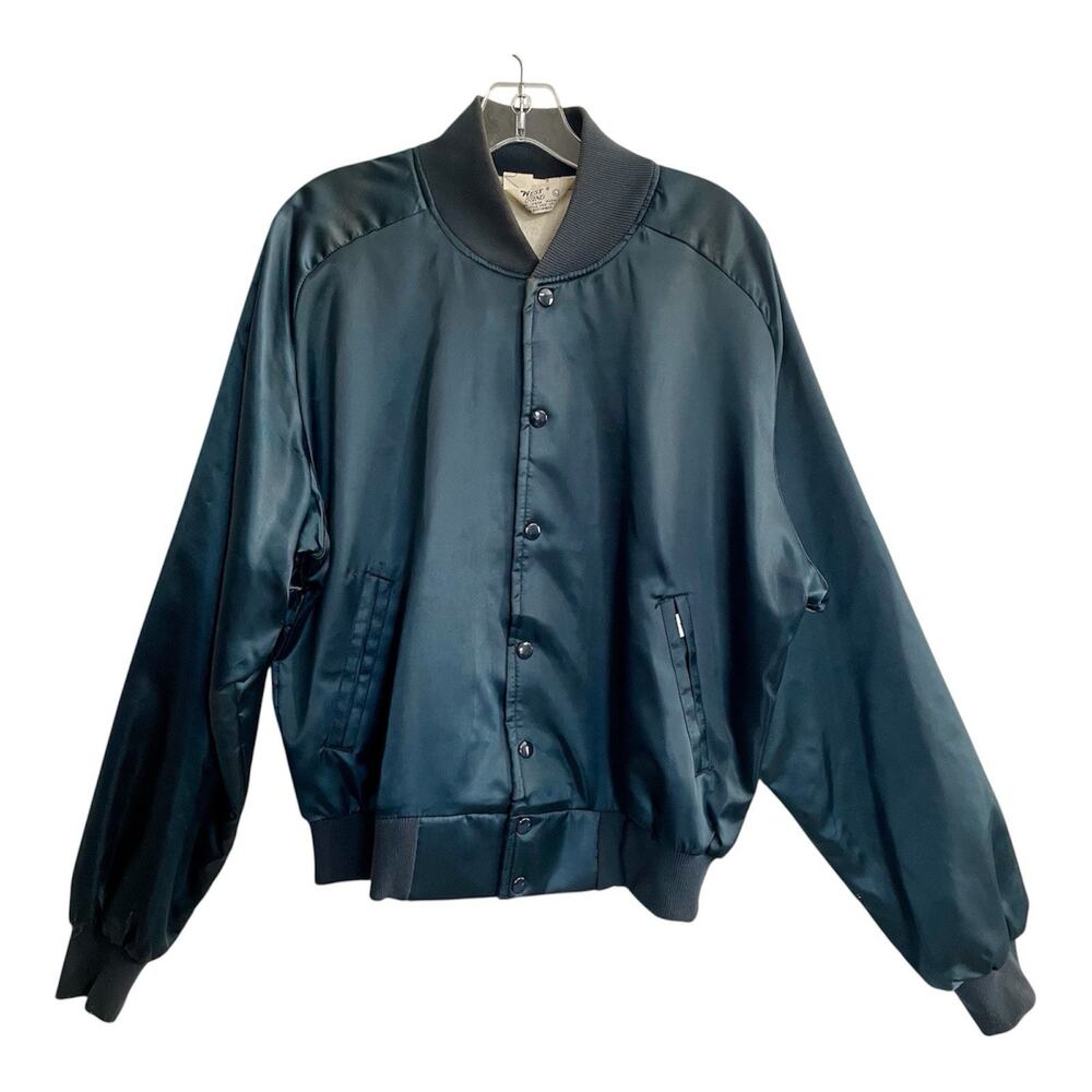 Vintage West Wind Jacket Men Sz Large Blue Snap Button Bomber Varsity USA Satin